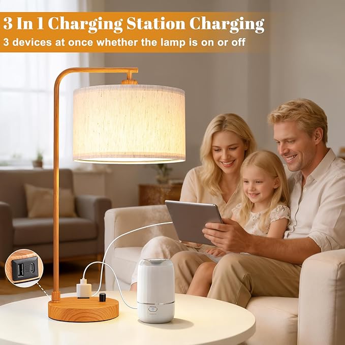 Innqoo Bedside Table Lamps for Bedroom Set of 2-Dimmable Nightstand Lamps with USB Port and Outlet,Modern Wood Lamps with Linen Shade,Tall Desk Lamps for Home Office Bedroom Living Room End Table