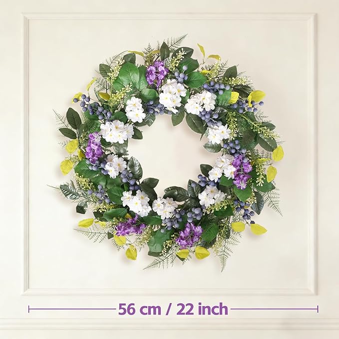 Idyllic 24 Inch Spring Summer Wreath for Front Door - Artificial Blueberry Bunch Wreath with White Purple Flowers Floral Decor for Window Mantel Wedding Indoor Outdoor Home Decoration