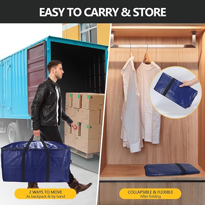 Extra Large Storage Bags Set Heavy Duty Moving Totes Strong Handles, Waterproof Dual-Way Carrying Design For Dorm Room Essentials,Christmas Storage bag(Blue,4 Moving bag & 10 Vacuum Seal Bags)