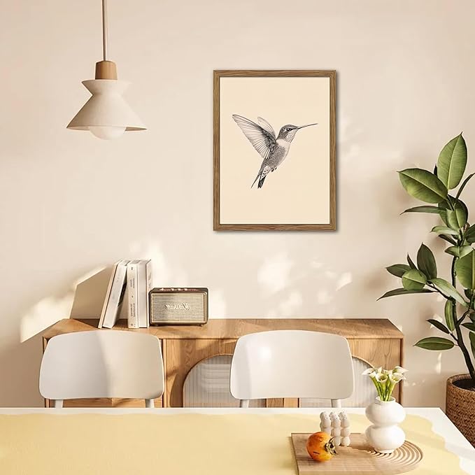 Vintage Framed Wall Art, Birds Canvas Prints, Hummingbird Sketch Painting Picture, Neutral Farmhouse Artwork Wall Decor for Living Room Bedroom – Dark Wooden Frame 8x10in