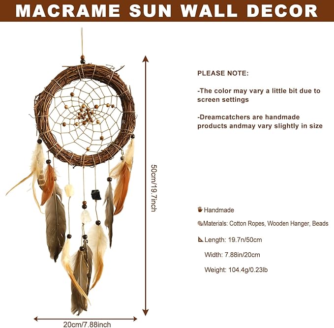 Dream Catcher Native American Boho Dreamcatcher Rattan Wall Decor, Handmade Natural Healing Crystal Stones Feathers Hanging Ornament Indian Decor for Bedroom Living Room
