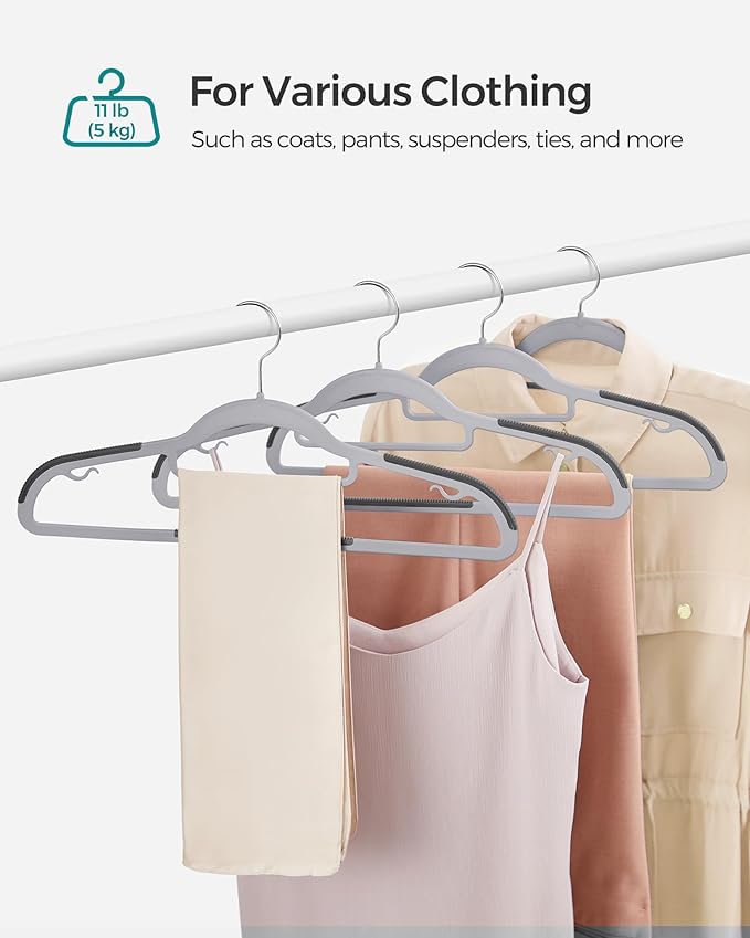 SONGMICS Pack of 60 Coat Hangers, Space-Saving Plastic Clothes Hangers, Non-Slip, 0.2 Inches Slim, 16.5 Inches Wide, 360° Swivel Silver Hook, Light and Dark Gray UCRP0020G01