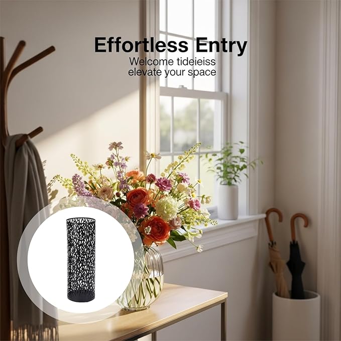 Black Metal Floral Umbrella Stand, 16.5 in Tall Lightweight Umbrella Holder, Cutout Design, Versatile Entryway Storage, Home & Office