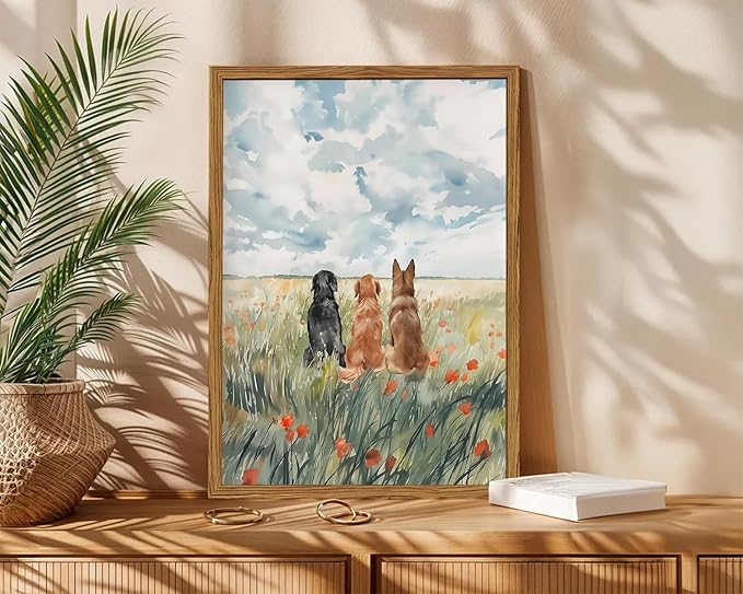 Framed Dog Canvas Wall Art, Cute Three Dogs in Flower Field Pictures Wall Decor, Rustic Farmhouse Animal Nature Paintings Prints Home Decor for Living Room Bedroom Bathroom 16x24 inch