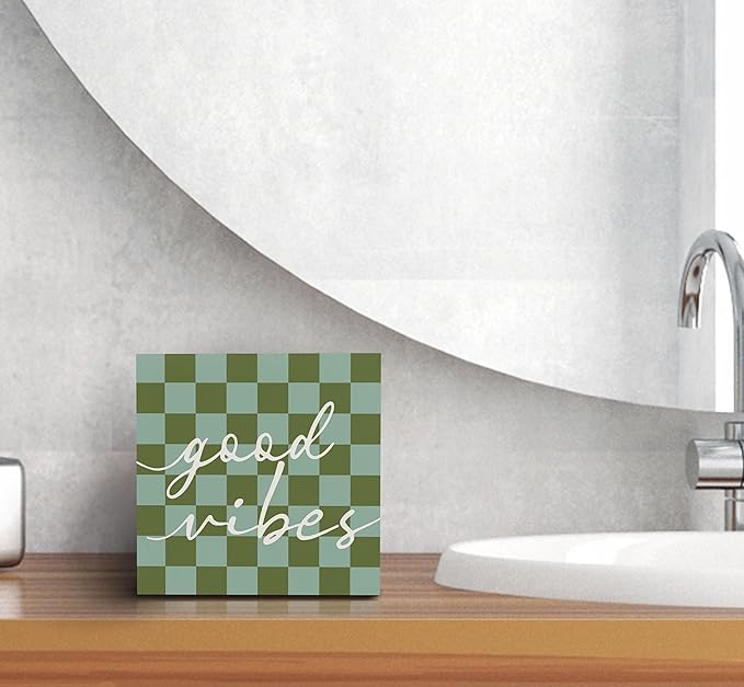SRADMO Inspirational Wood Box Sign Desk Decor, Motivational Office Decor, Blue and Green Checkered Positive Theme Wooden Block Box Sign Decoration for Home Office Shelf Table Decorative Accessories