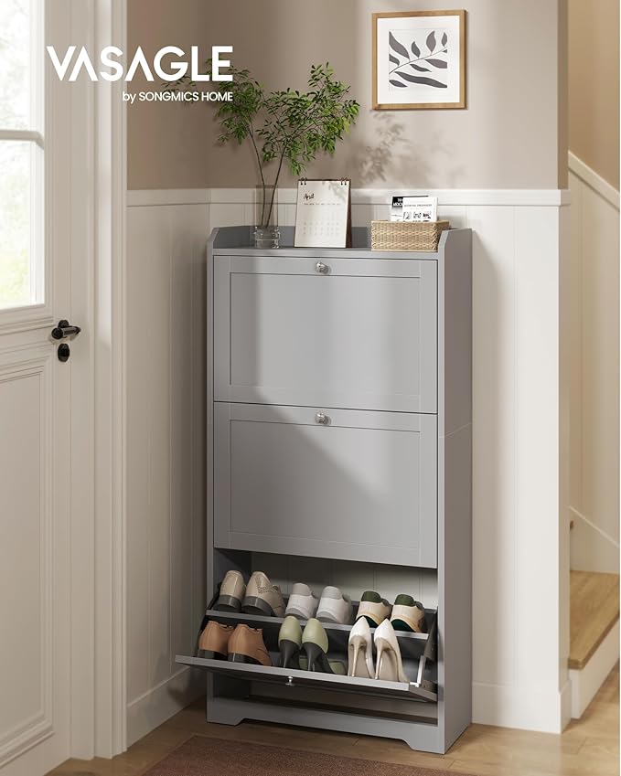 VASAGLE Shoe Cabinet with 3 Flip Drawers, Shoe Organizer, Adjustable and Removable Dividers, Holds 12-20 Pairs, Entryway, 9.4 x 23.6 x 47.7 Inches, Dove Gray ULBC036GD02S