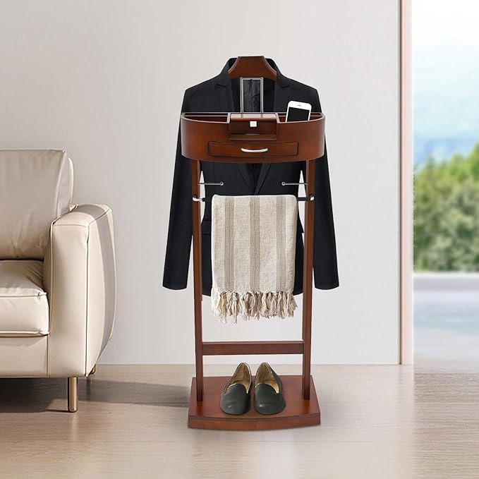 Wood Suit Valet Stand with Drawer, Freestanding Clothing Valet Stand for Men, Brown Suit Rack with Tie & Belt Hooks and Trouser Bar, Space-Saving Organizer for Bedroom, Entryway, Closet