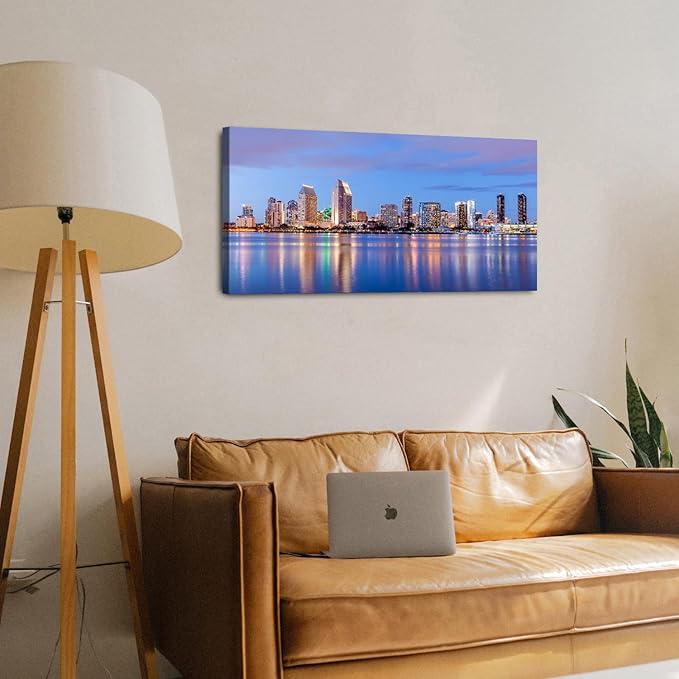 San Diego Skyline Wall Art Night View USA Cityscape Wall Decor Nature Sunset Picture California Landscape Canvas Prints Painting Poster Modern Artwork for Bedroom Living Room Home Decoration 20x40”