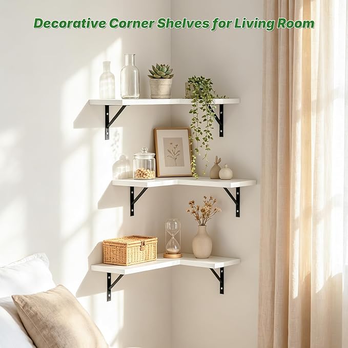 NATURE'S SOURCE Corner Floating Shelves Set of 3, Corner Shelves Wall Mounted, for Bedroom Kitchen Living Room Bathroom Office- Gothic Style (White, Set of 3)