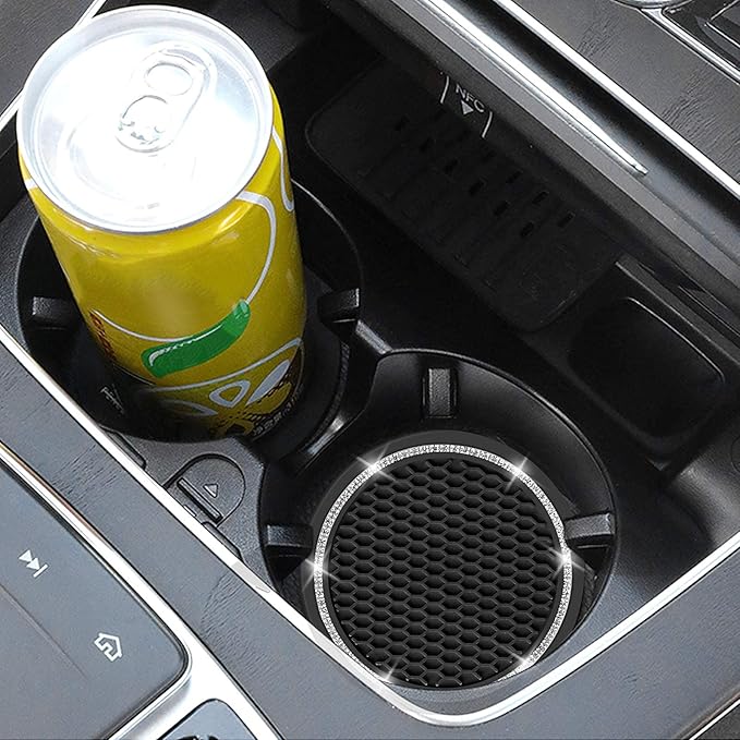 Car Coasters, 4 Pack Universal Vehicle Bling Car Coaster, COCASES Crystal Rhinestone Coaster for Cup Holders, Car Interior Accessories 2.75'' Silicone Anti Slip Car Coasters for Women (Black)