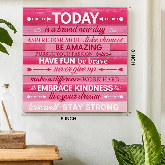 Pink Wall Decor, Inspirational Office Wall Art for Women, Motivational Quotes Room Decor For Teen Girls, Pink Framed Canvas Posters for Bedroom Kitchen Home Decorations, 8 x 8 Inches