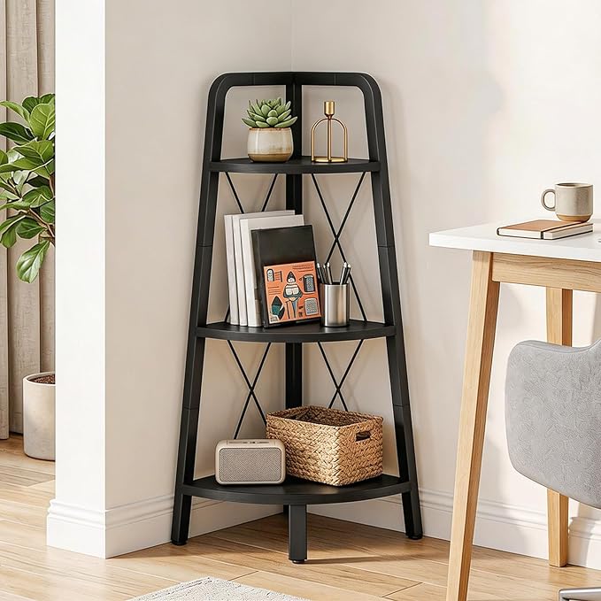 HOOBRO Corner Shelf, 3-Tier Corner Shelf Stand, 40" Tall Ladder Bookshelf, Industrial Corner Display Shelf Plant Stand for Living Room, Kitchen, Home Office, Black BB143CJ01