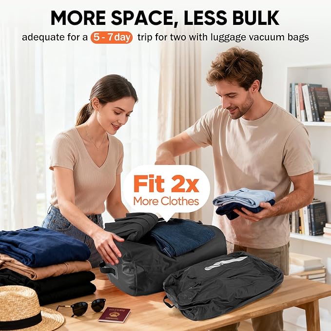 Vacuum Bags for Travel with Pump, Reusable Vacuum Compression Bags, IP68 Waterproof Space Saver Storage Bags for Clothes, Backpack, Luggage & Suitcase, Lightweight Travel Organizer (2PC + Pump)