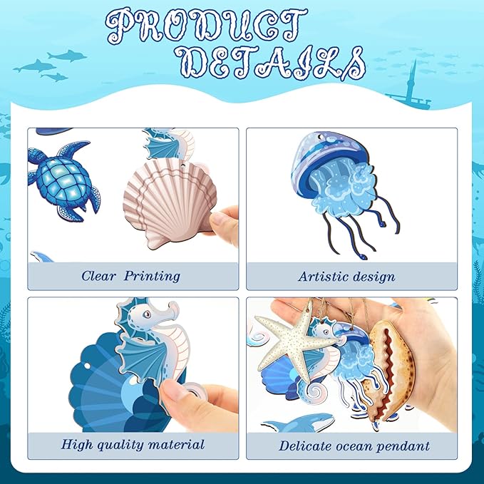 24 Pcs Summer Ornaments for Tree Wooden Ocean Beach Tree Decorations Coastal Nautical Wood Hanging Cutouts Beach Sea Animals Decorations with Rope for Summer Holiday Party Supplies