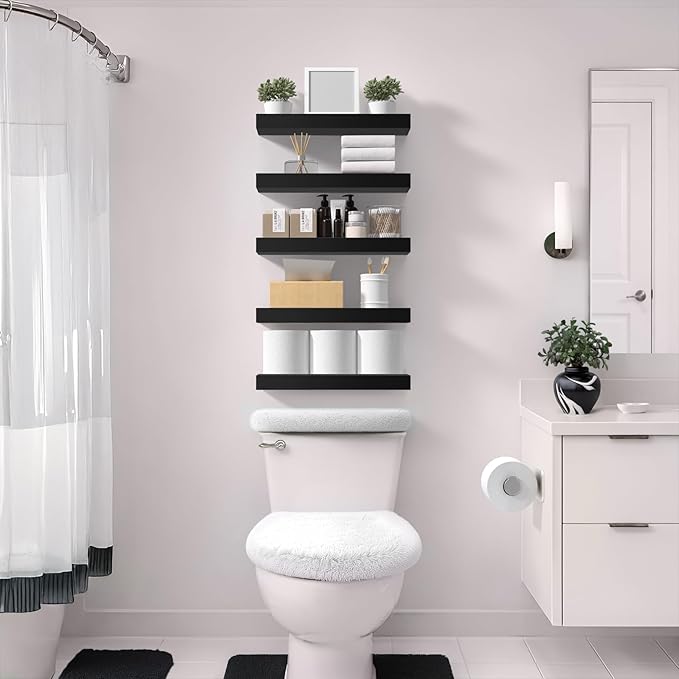 Sorbus Floating Shelves for Wall – 16 Inch Floating Shelf for Kitchen, Bedroom, Living Room, Bathroom, Home & Wall Decor - Mounted Bathroom Shelves with Invisible Brackets (Black, 4 Pack)