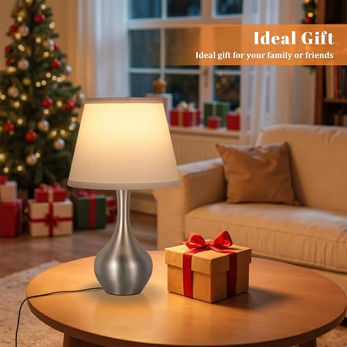 Seealle Touch Table Lamps for Bedroom Set of 2,3-Way Dimmable Small Bedside Lamps for Night Stands with Wires, Silver Desk Lamps for Kids Room,Office,Living Room, End Table(LED Bulbs Included)