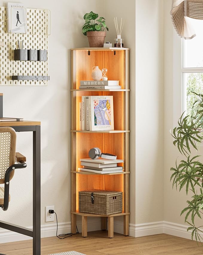 Corner Shelf Stand, 5 Tier Corner Bookshelf with Light,Corner Furniture for Bedroom Display Corner Shelf for Small Space,Wood Shelves with Storage Rack for Living Room,Office,Oak