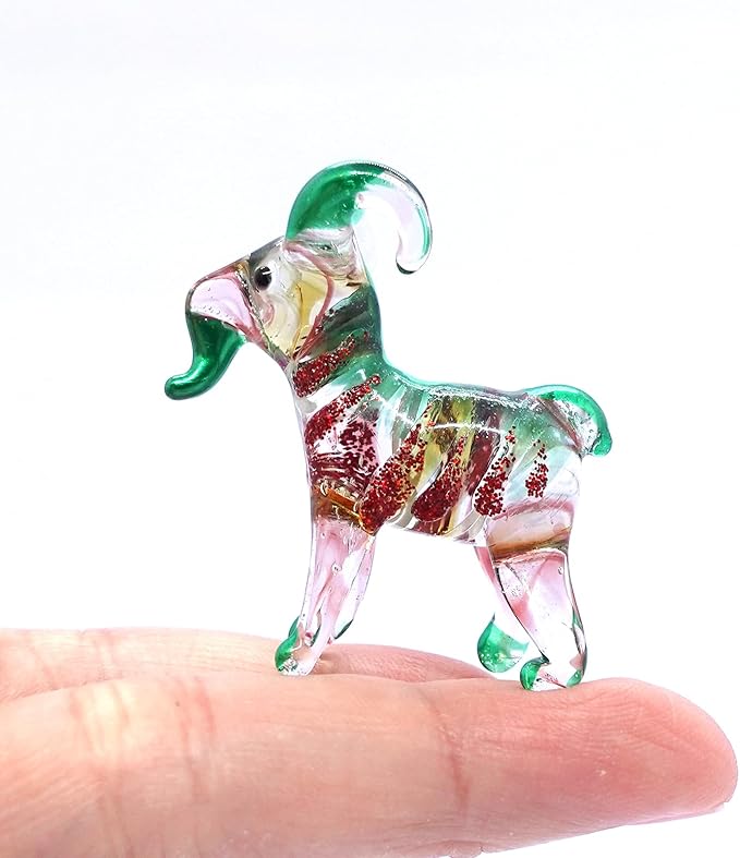 Goat Tiny Figurines Animals Hand Blown Color Glass Art Collectible Gift Home Décor (Red Green)