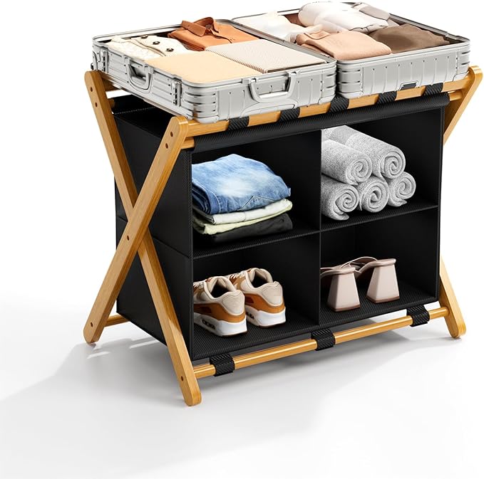 Natural Bamboo Luggage Rack with 4 Storage Compartments ，Foldable Suitcase Stand, Luggage Rack for Guest Room , 150lbs Capacity, Sturdy,