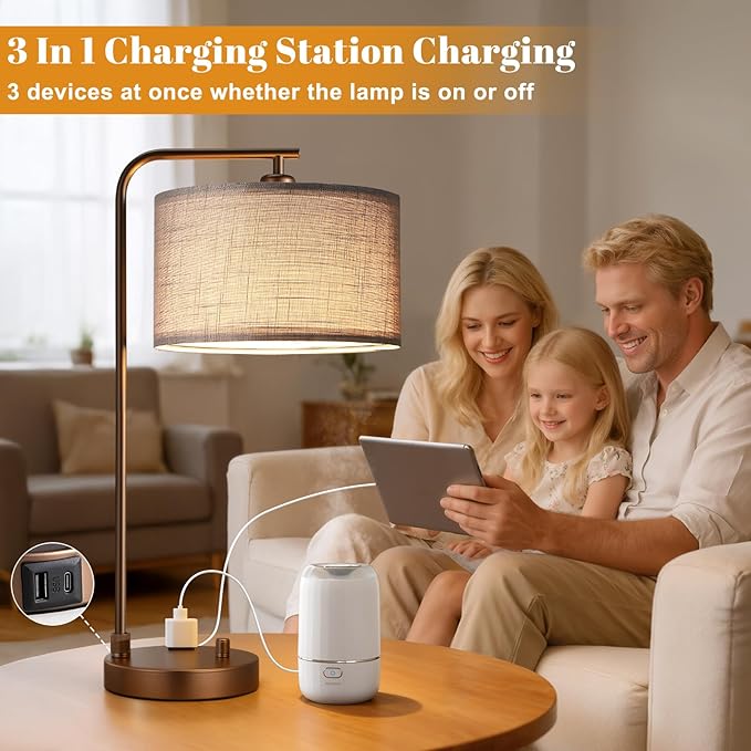 Innqoo Bedside Table Lamps for Bedroom Set of 2-Dimmable Nightstand Lamps with USB Port and Outlet,Modern Brown Lamps with Linen Shade,Tall Desk Lamps for Home Office Bedroom Living Room End Table