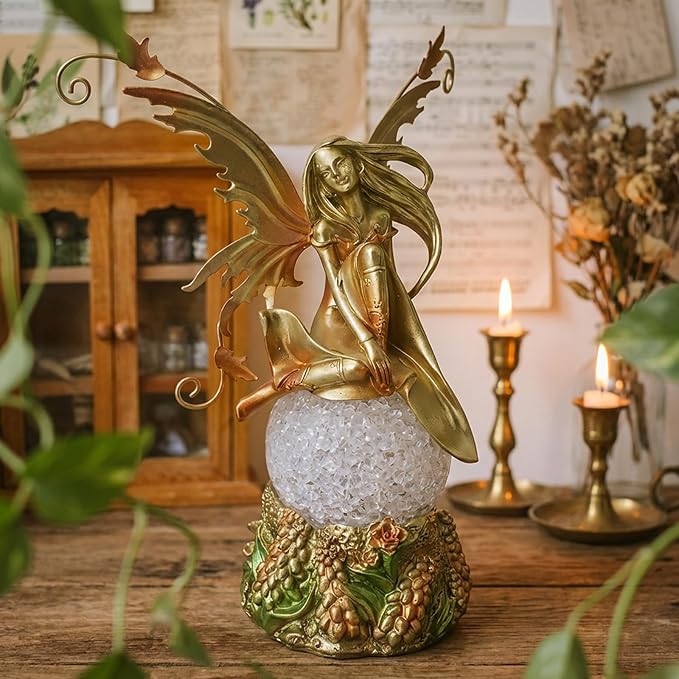 Resin Fairy Statue with Light, Hand-Painted Angel Figurine Graceful Fairy Sculpture Elegant Fantasy Decor for Bookshelf, Mantel, Bedroom, Coffee Table, Thoughtful Gift for Women, Girls