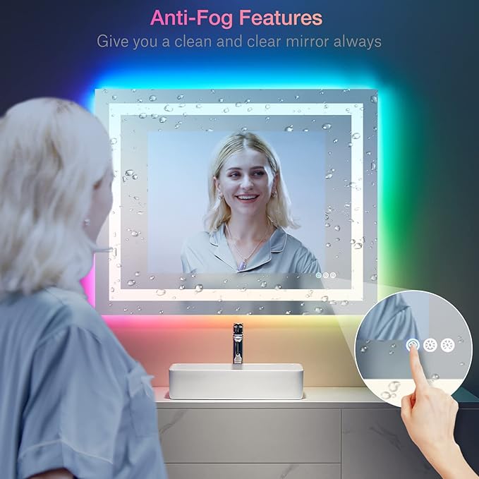 LOAAO 40”X30“ RGB LED Bathroom Mirror with Lights for Bathroom, Anti-Fog, Dimmable，Multiple Light Modes, RGB Backlit + Front Light, Memory Function, Tempered Glass