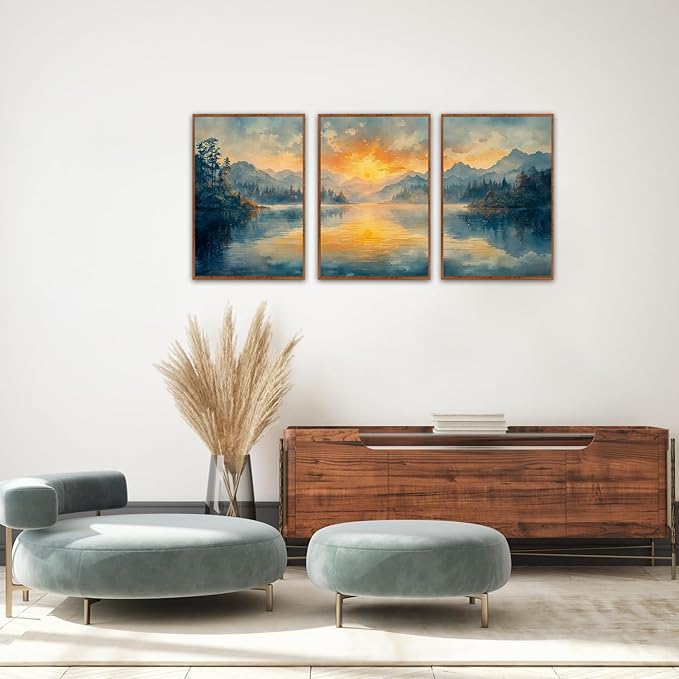 KAlRNE Landscape Wall Art Set of 3(24”X36”),Abstract Nature Wall Decor,Blue Forests Lake Canvas Paintings,Framed Watercolor Sunset Mountains Prints For Living Room Bedroom Office Decoration