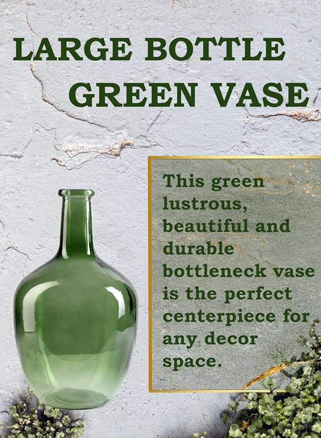 Serene Spaces Living Green Bottleneck Glass Vase, Vintage Floor Vase, Long-Stemmed Floral Container, Decorative Centerpiece for Coffee Table, Office, Wedding, 7.48" Diameter & 12" Tall, Set of 4