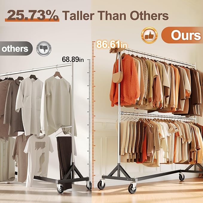 HOKEEPER Z Rack for Clothing Heavy Duty Clothes Rack Hold 550 LBS Commercial Garment Rack with Wheels Rolling Portable Z Base for Bedroom, Living Room, Laundry, Balcony 22.8" D x 62.6" W x 87.8" H