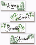 ONIZHITY 4 Pcs Large Farmhouse Bathroom Wall Decors Relax Soak Unwind Breathe Wooden Word Sign Green Hanging Wall Art Rustic Office Wall Decor for Bedroom Living Room Decor(Green Leaves 14X5.5 Inch)