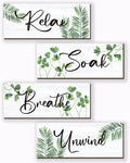 4 Pcs Farmhouse Bathroom Wall Decors Relax Soak Unwind Breathe Wooden Word Sign Green Hanging Wall Art Rustic Office Wall Decor for Bedroom Living Room Vintage Decorations(Green Leaves 10X4 Inch)