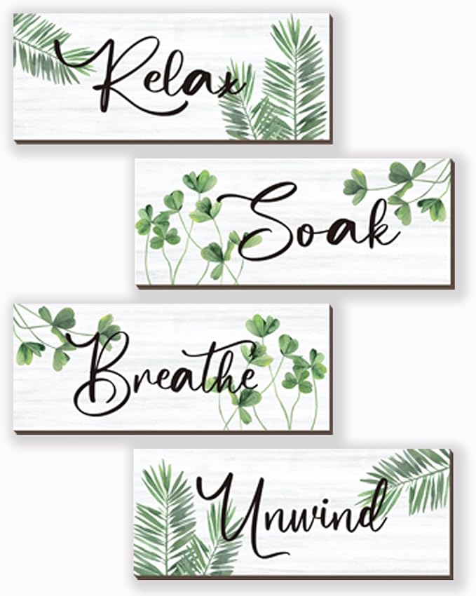 4 Pcs Farmhouse Bathroom Wall Decors Relax Soak Unwind Breathe Wooden Word Sign Green Hanging Wall Art Rustic Office Wall Decor for Bedroom Living Room Vintage Decorations(Green Leaves 10X4 Inch)