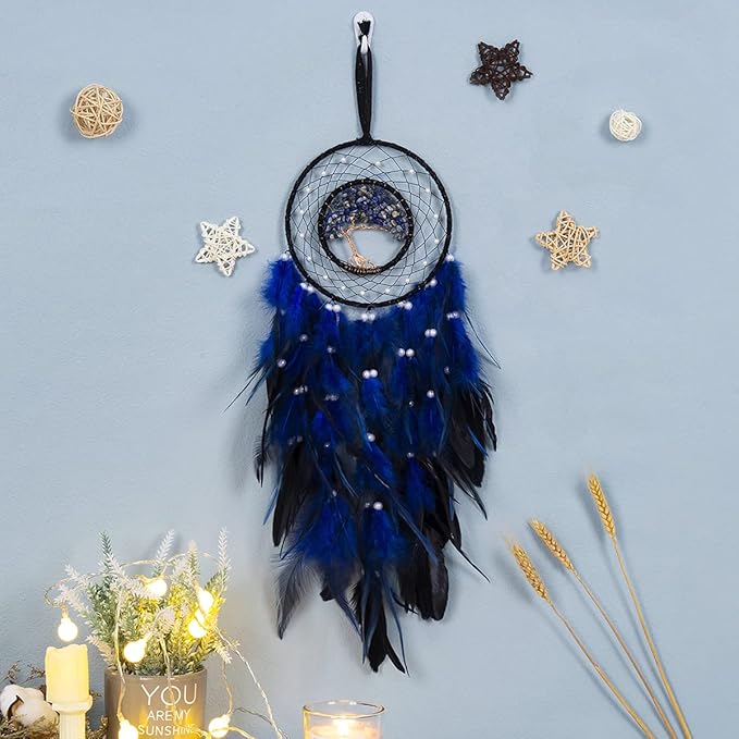 Dream Catcher, Handmade Dreamcatcher with Healing Crystal Stone, Tree of Life Dream Catchers Hanging Ornament for Home Bedroom Birthday Party, Perfect Craft Gift for Kids… (Blue)