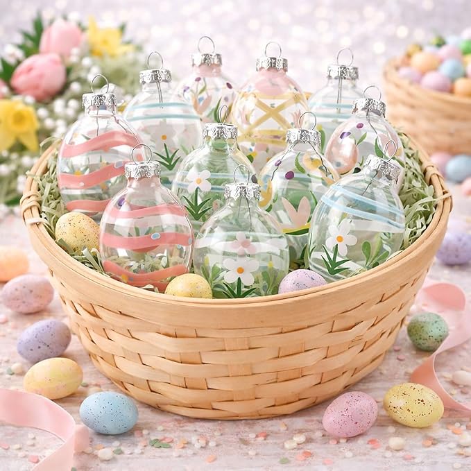 Lillian Vernon Hand Painted Blown Glass Easter Ornaments - Handcrafted Hanging Tree Decorations, Easter Egg Holiday & Party Decor, 2 in, Assorted, 12-Piece Set