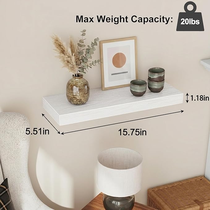 Fixwal White Shelves for Wall, 15.7in Rustic Wood Finish Floating Wall Shelves Set of 4, Shelves for Wall Decor, with Invisible Brackets for Bathroom, Living Room,Bedroom and Kitchen