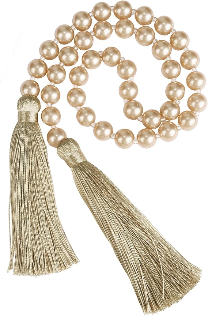 34 Inch Pearl Glass Bead Garland with Tassels - Elegant Boho Table Decor, Fringe Wall Hanging for Wedding, Party, Farmhouse Rustic Prayer Bead Home Decoration(1 Pack,Champagne Gold)