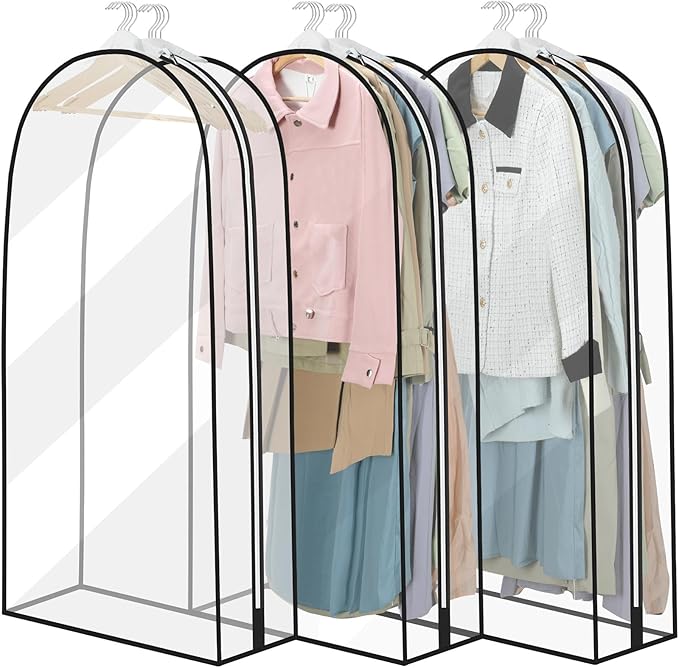 40" Clear Garment Bag - 3 Pack 10” Gusseted Suit Bags For Closet Storage Hanging Clothes Shirts, Coats, Dresses