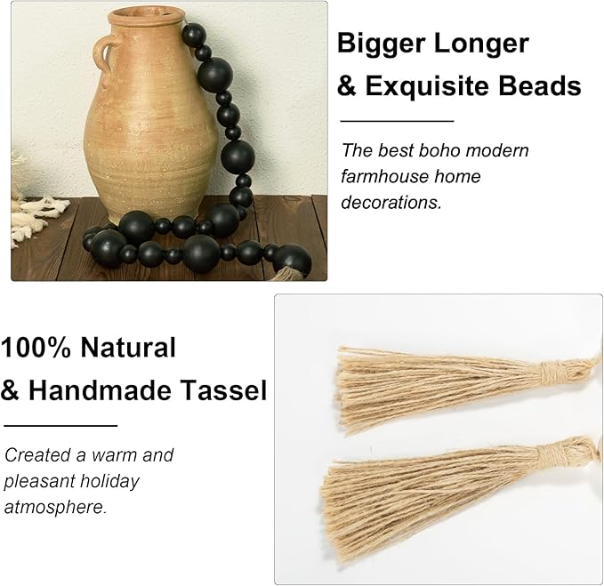 2" Extra Large Wood Bead Garland with Tassels, 50" Long Rustic Farmhouse Wooden Beads Garland, Decorative Beads Boho Decorations for Home Table Mantle Black
