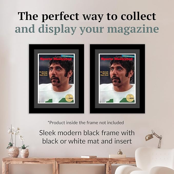 Creative Picture Frames 8.25 x 11 Magazine Frame with Full-Strength Glass, Holds Up To A 1/4" Thick Media with Installed Hangers for Easy Mounting, 11x14 Manhattan Black Frame with Black Mat