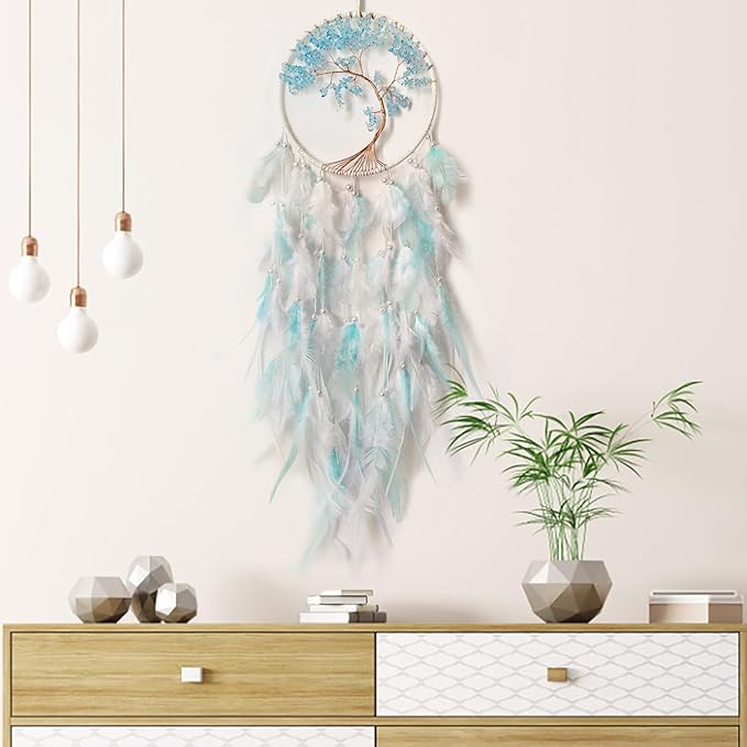White and Cyan Dream Catcher Wall Decor Crystal Tree of Life Dream Catchers Handmade Feather Dreamcatcher Wall Hanging Ornament for Bedroom Living Room Home Decor