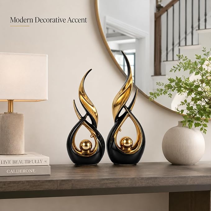 2 PCS Black Gold Ceramic Statues For Home Decor Accents, Modern Abstract Art Sculptures, Elegant Tabletop Decorative Objects For Dining Room, Entryway, Tv Stand, Mantel, Coffee Table Centerpieces