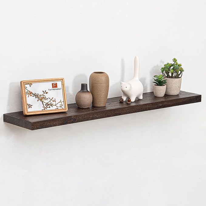 Fun Memories 42" Floating Shelves for Wall, Rustic Solid Elm Wood Floating Shelves - Invisible Bracket Mount, Extra Long Wall Mounted Shelf for Living Room, Bathroom, Bedroom, Kitchen, Walnut