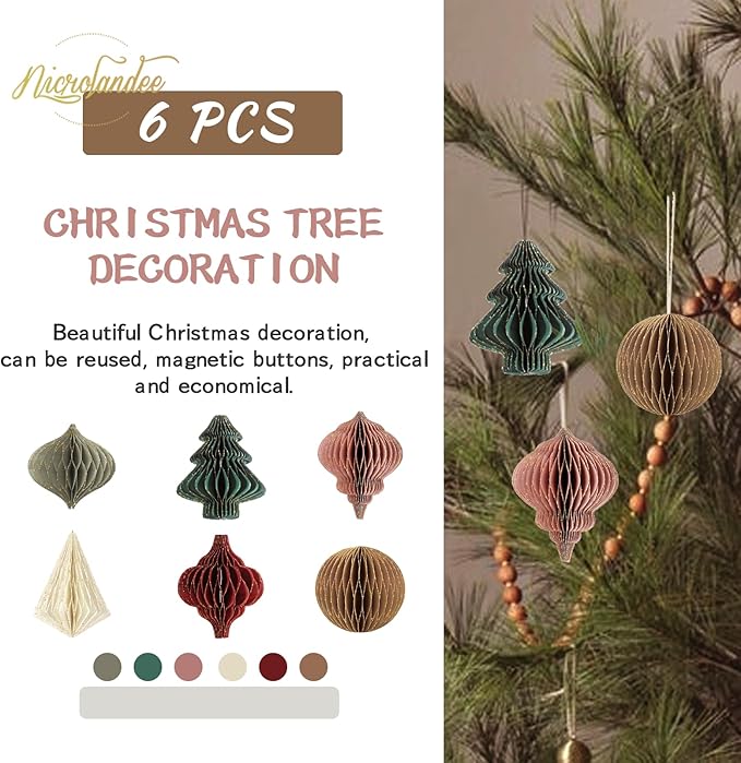 NICROLANDEE Christmas Party Decorations - 6 PCS 3D Mini Glitter Edge Paper Honeycomb Lantern Green, Red, Brown, Ivory, Gray Hanging Ornaments for Christmas Tree Décor, New Years Party, Home Decor