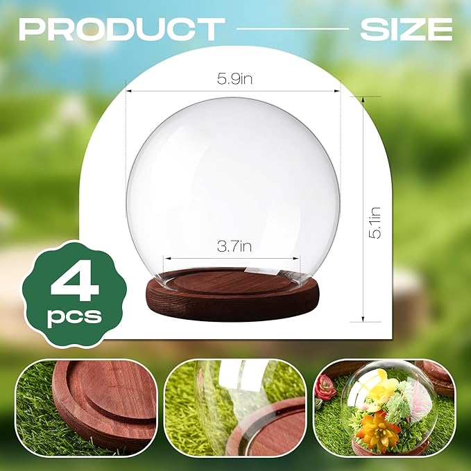 Tuanse 4 Pieces Glass Dome Display Showcase Glass Globe and Display Dome with Wood Base DIY Craft Keepsake Globe Case Gifts for Women Wedding Tabletop Centerpiece Decoration(Brown)