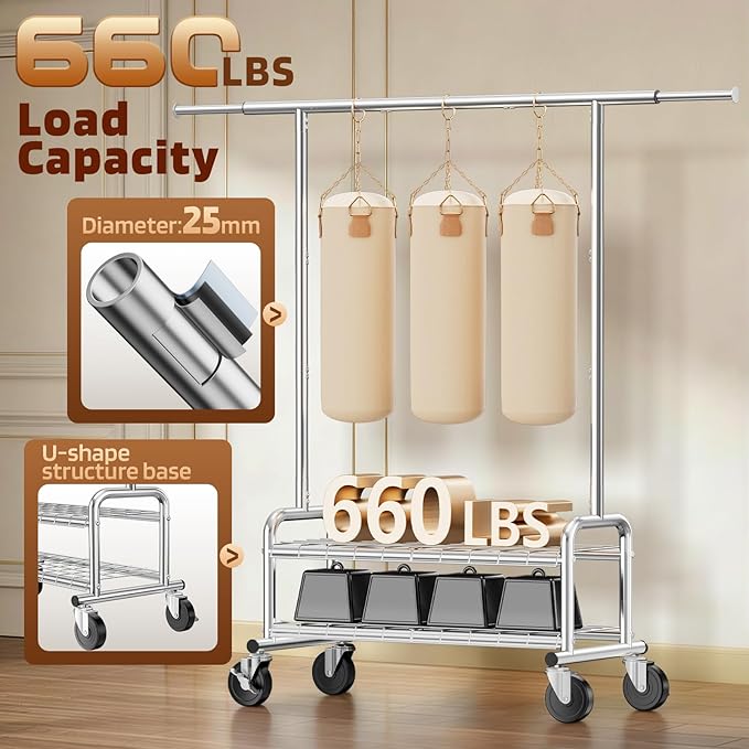 Heavy Duty Clothes Rack - Load 660 LBS, Rolling Clothing Rack for Hanging Clothes with Lockable Wheels & Shelves, Portable Garment Rack for Bedroom, Laundry, Living Room, Silver