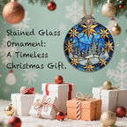 DASTOLL Stained Glass Christmas Decorations, Golden Stars White Snow Scene Suncatcher for Window Christmas Tree Hanging Ornaments Blue Sun Catcher Xmas Decor Gifts for Women Men Mom Nana Friend
