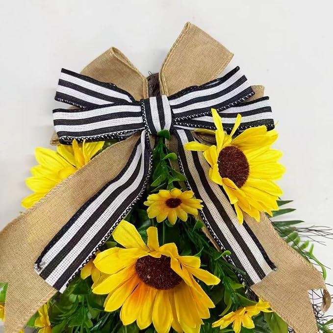 23.6inch Artificial Sunflower Swag for Front Door Faux Sunflower Teardrop Swags Wreath with Linen Bow Spring Summer Floral Swag for Farmhouse Wall Window Cabinet Decor