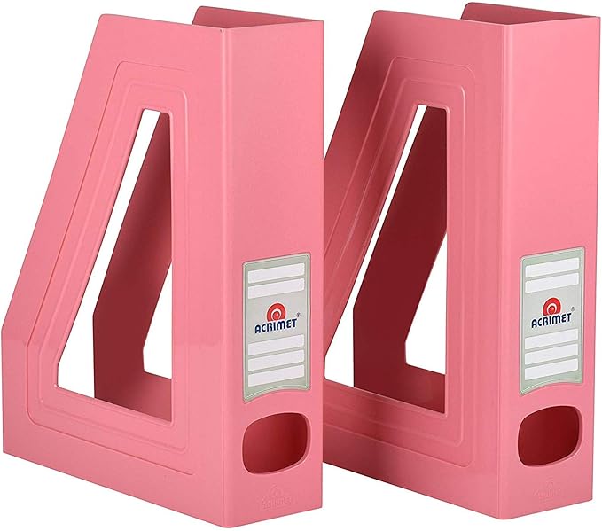 Acrimet Magazine File Holder Bin Storage, Vertical Rack for Documents, Folders and Mail, Durable Plastic Desk Organizer for Office & Home (Solid Pink Color) (2 Pack)
