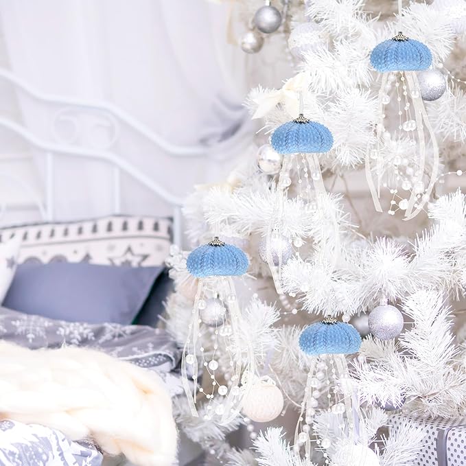 Namalu 6 Pcs Sea Urchin Jellyfish Christmas Ornament Coastal Beaded Beach Theme Holiday Decor Ocean Inspired Hanging Jellyfish Decoration with Crystal and Ribbon (Pearl Blue)