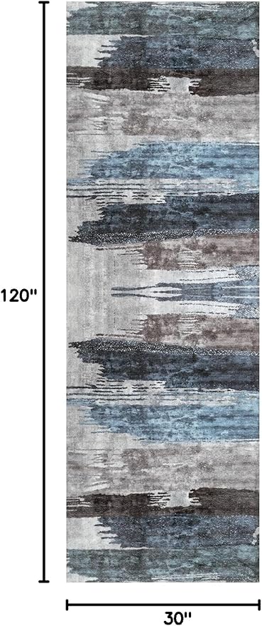 Ciicool 2'6"x10' Washable Runner Rug, Modern Abstract Hallway Rugs Runner, Non-Slip Thin Accent Rug Lightweight Navy Grey Print Distressed Carpet for Laundry Entryway Bedroom Kitchen Indoor